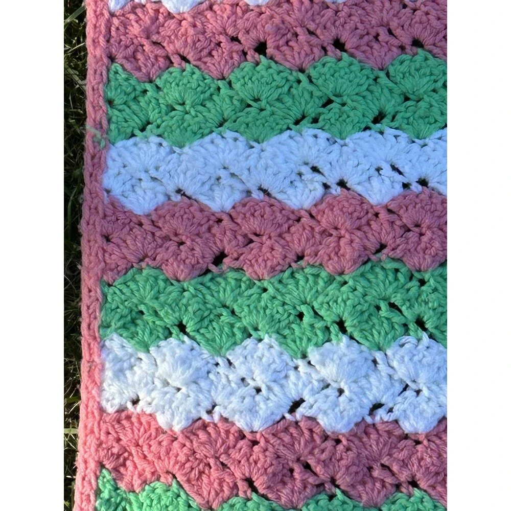 Crochet Afghan Blanket Throw Pink Green White Cottagecore 76” x 50” Inches